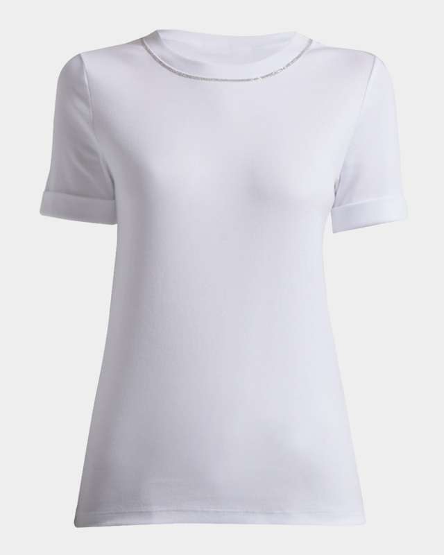 Ribbed Bead-Trim Crewneck T-Shirt